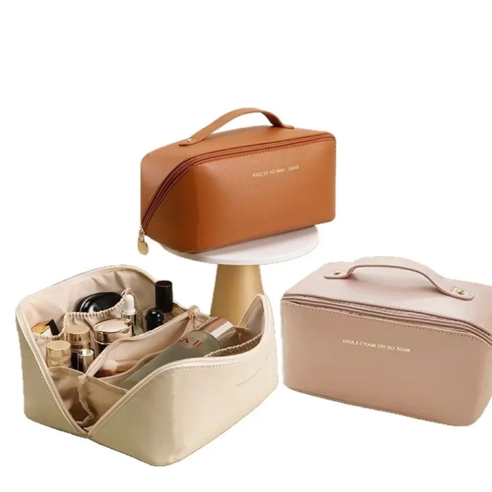 حقيبة تخزين مكياج بسيطة وواسعة محمولة باليد، حقيبة وسادة سفر محمولة مع فتحة كبيرة متعددة الوظائف