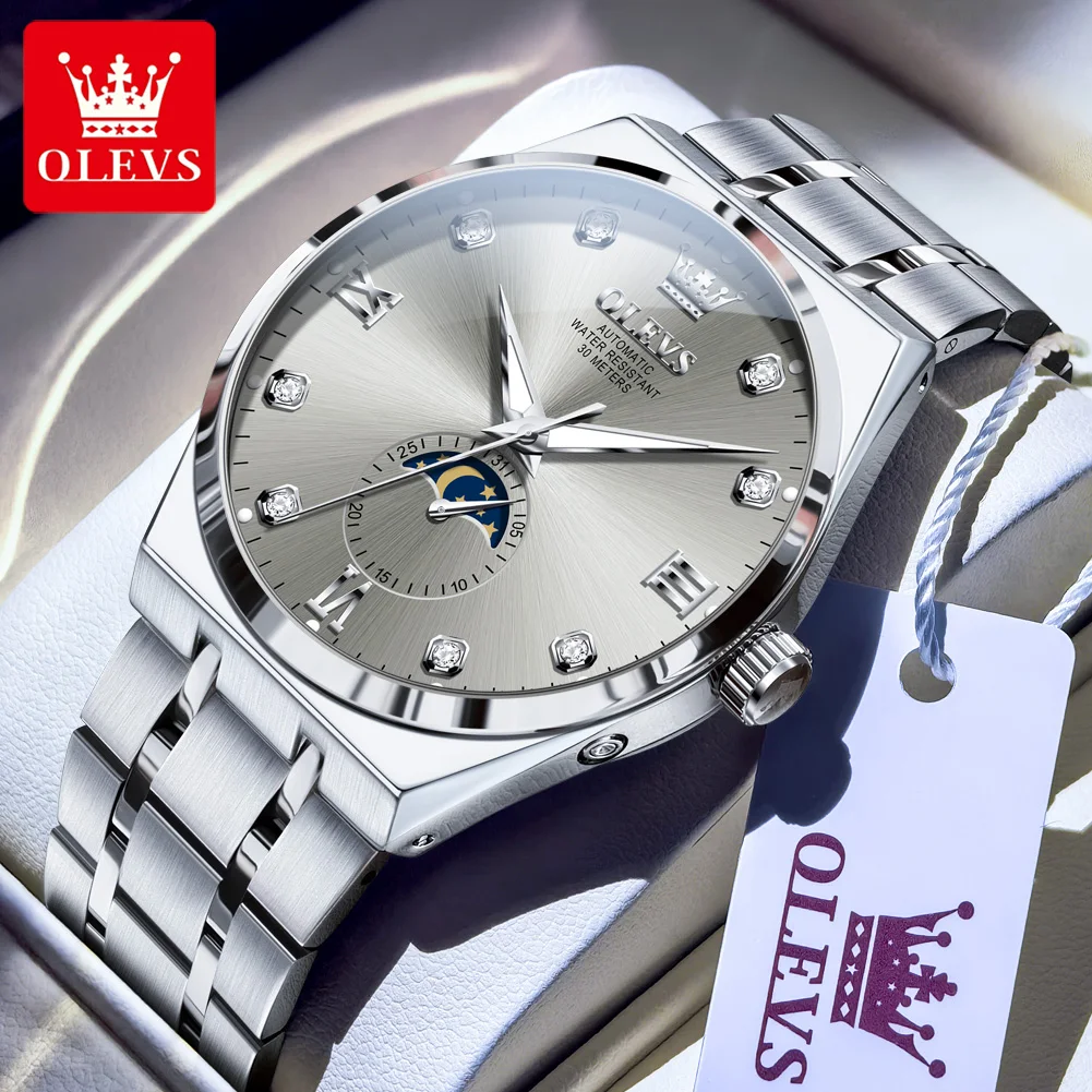 

OLEVS мужские часы повседневные модные изысканные стальные оригинальные автоматические механические наручные часы для мужчин водостойкие светящиеся фазы Луны
