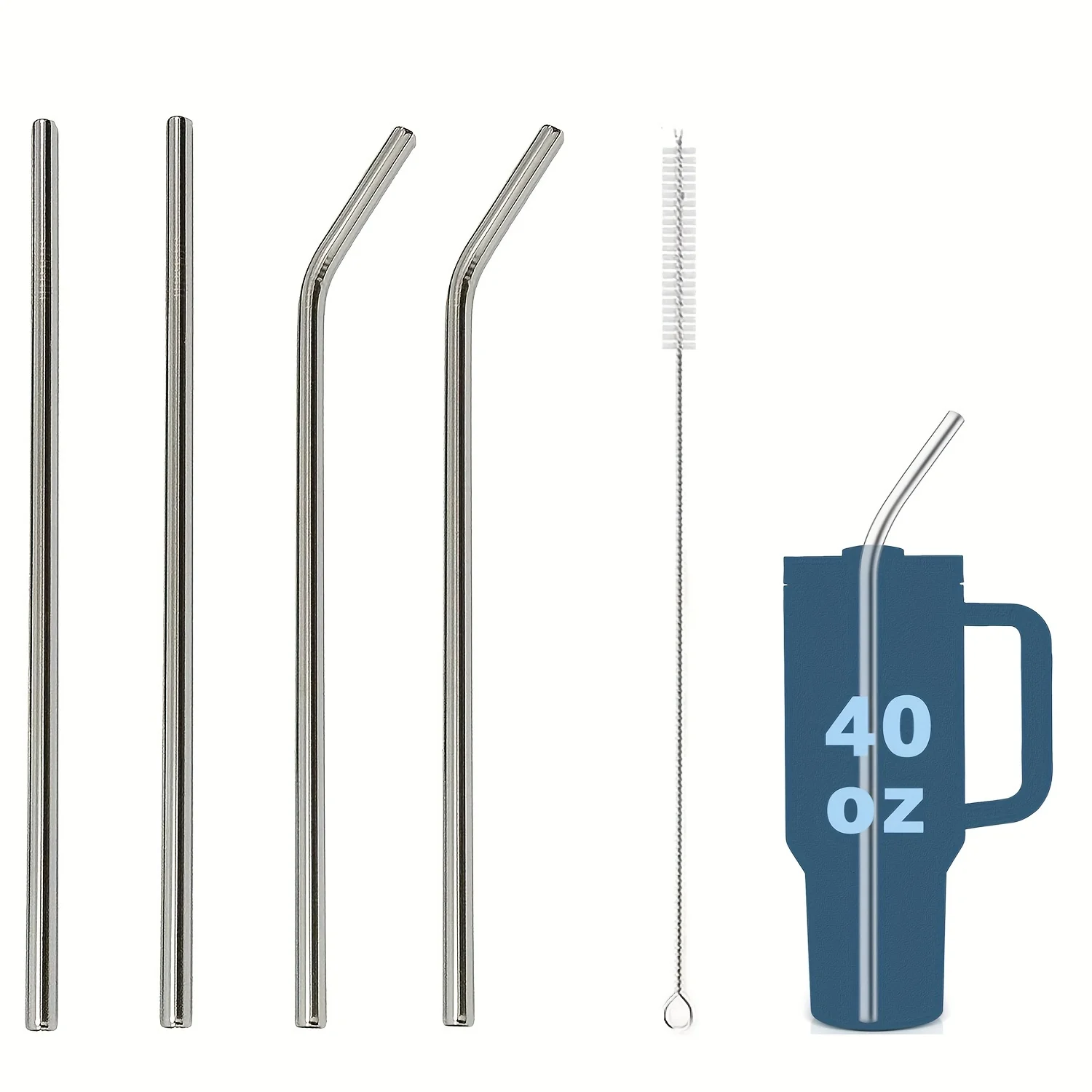 Stainless Steel Reusable Straws for 40oz Stanley Cup with Cleaning Brush - Durable, Eco-Friendly Metal Drinking Straws (4 Pack)