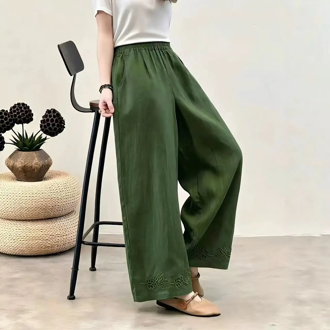 

New Arrival plus Size Women's Casual Cotton Linen Embroidered Straight Leg Trousers High Waist Artistic Style Summer Pants