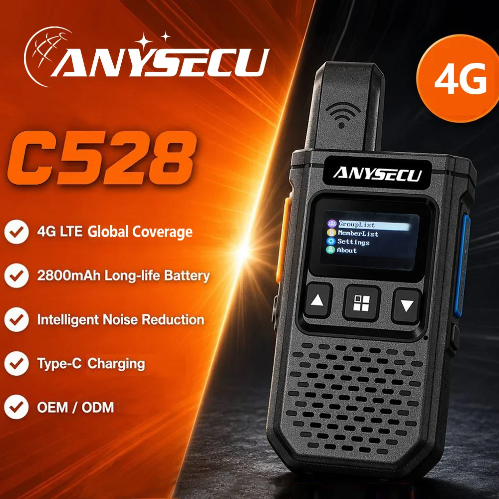 Anysecu C528 4G PoC Мини-рация 2800 мАч Type-C с шумоподавлением, GPS опционально, версия для Юго-Восточной Азии, двусторонняя связь PTT