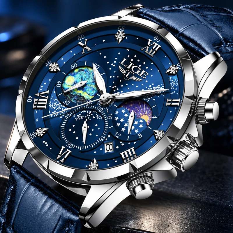LIGE New Blue Fashion Waterproof Watches for Men Military Sports Leather Moon Phase Watch Men Casual Luminous Quartz Chronograph