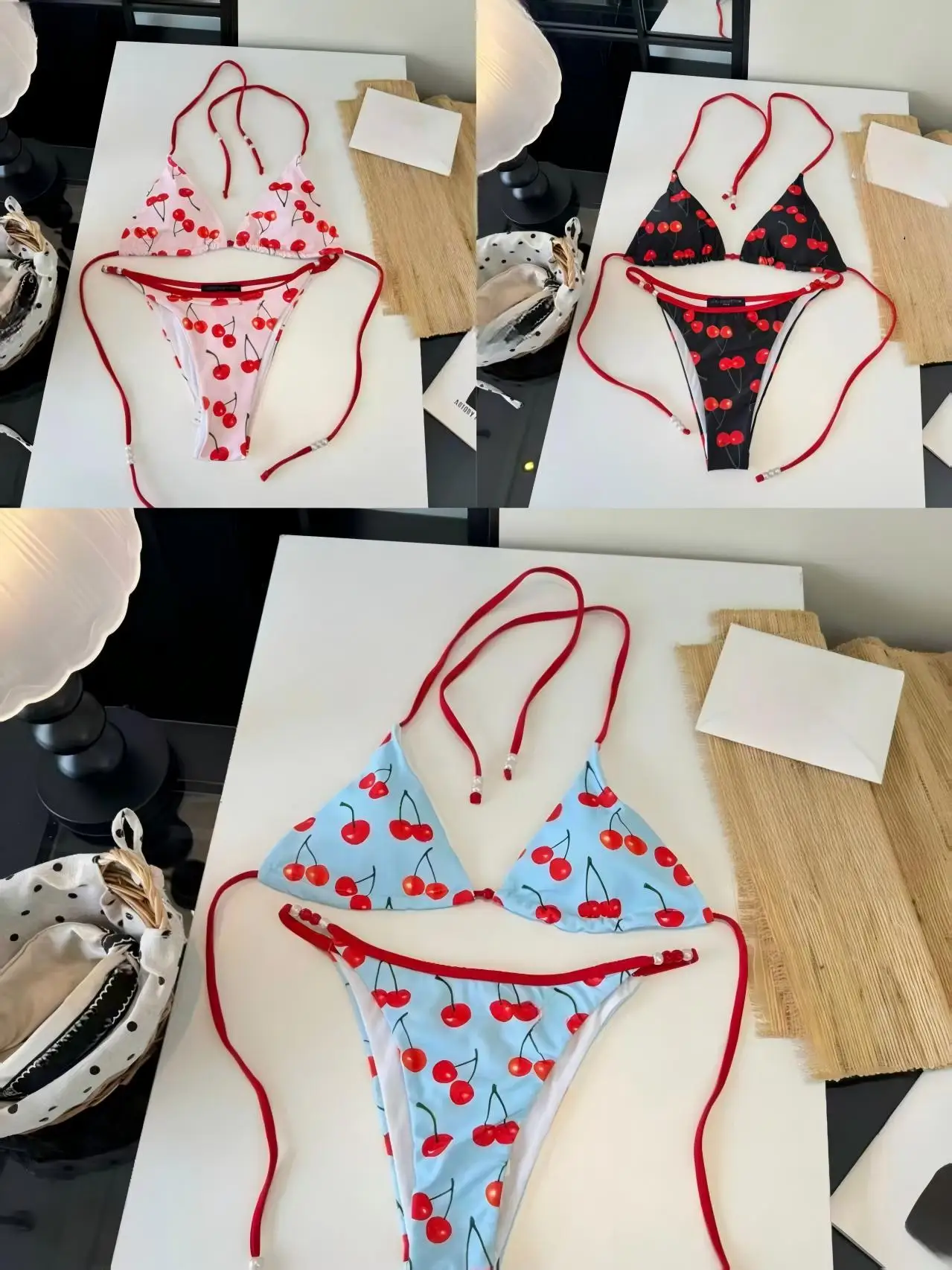 

Women Cherry Print Triangle Bikini Set Halter Neck Tie Side Swimsuit with Pearl Beads Beachwear
