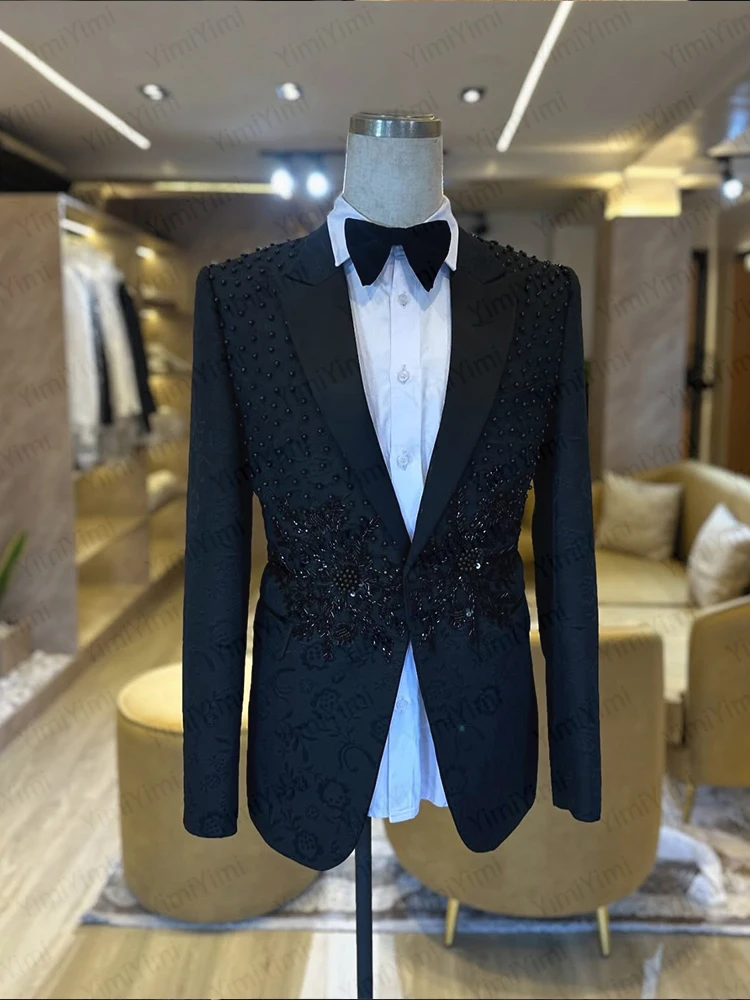 Yimi Customized Elegant Beads Men Suits Slim Fit Peak Lapel Groom Tuxedos 2 Pieces Sets Male Blazer Casual Hombre Evening Jacket