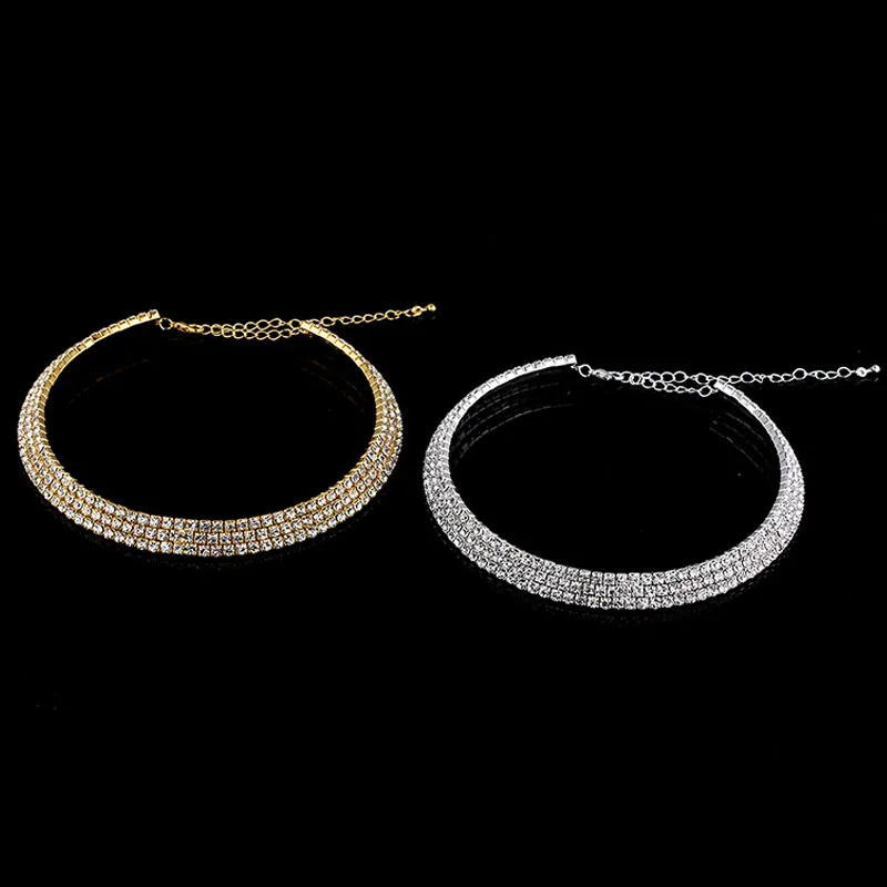 Crystal Rhinestone Choker Necklace Silver Plated and Gold Color Bridal Wedding Jewelry 1 2 3 4 5 Row Chokers Necklaces for Women