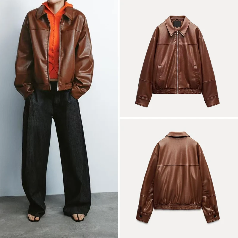 Faionable Pilot Jaet Outerwear Women's Spring New PU Leather Long Sve Street Sle Regular Length Collar Z 439859