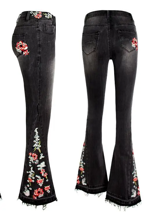 Embroidered Denim Trousers for Women, Skinny Jeans, Vintage Flare Pants, Black, EU 34-46