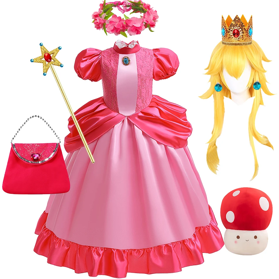 Peach Dress For Girls Halloween Party Cartoon Movie Role Playing Costume Kids Princess Theme Birthday Surprise Gift Elegant Gown