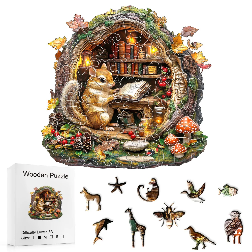 Chipmunk Reading In Tree Hollow Wooden Puzzle, Enchanted Forest Jigsaw With Unique Animal Shaped Pieces For Gift And Decor