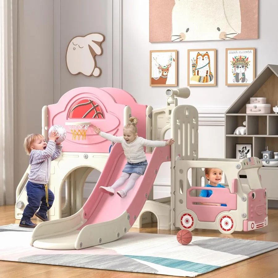 9 in 1 Toddler Slide BusThemed Slide and Climber Playset with Basketball Hoop RingToss Car Playhouse Telescope Freestanding Ind