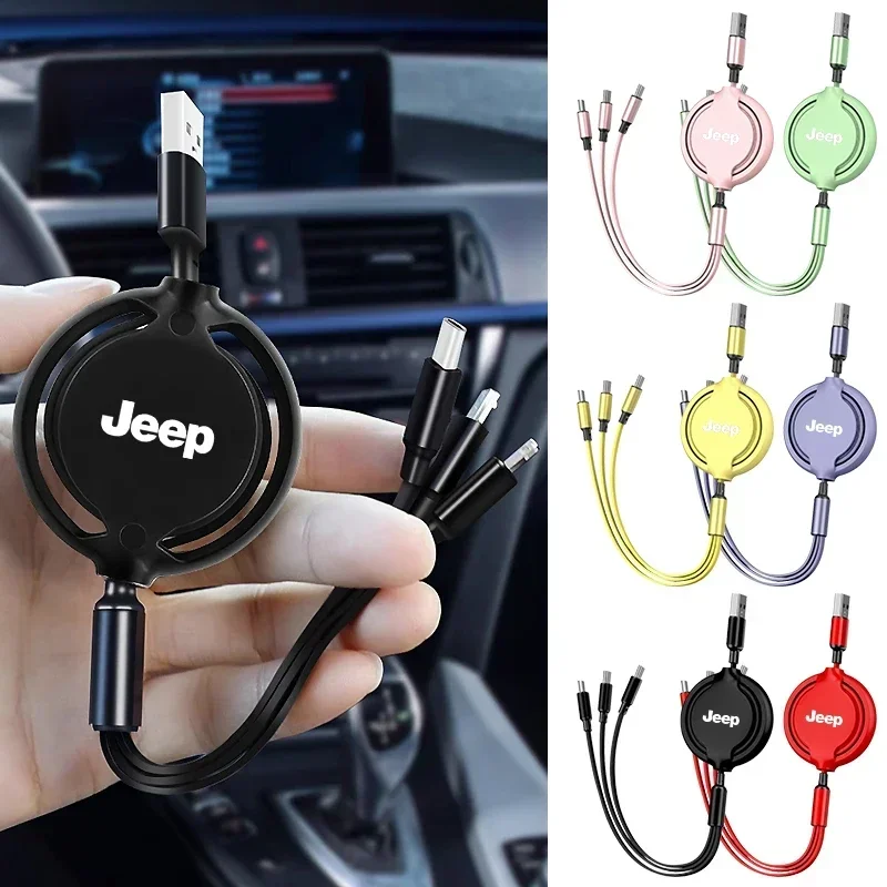 Cabo adaptador de carregador telescópico USB interno 3 em 1 para carro, para Jeep Renegade Compass Grand Cherokee Wrangler jk Patriot