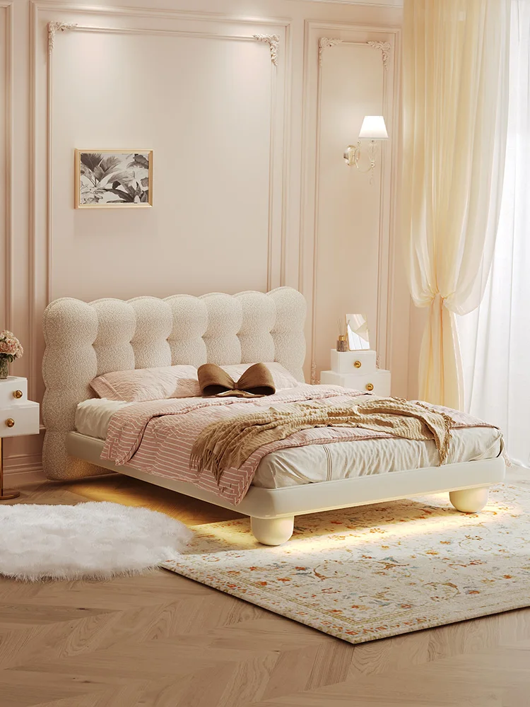 French light luxury technology velvet art bed, cream bed, modern and simple master bedroom, high-end and atmospheric