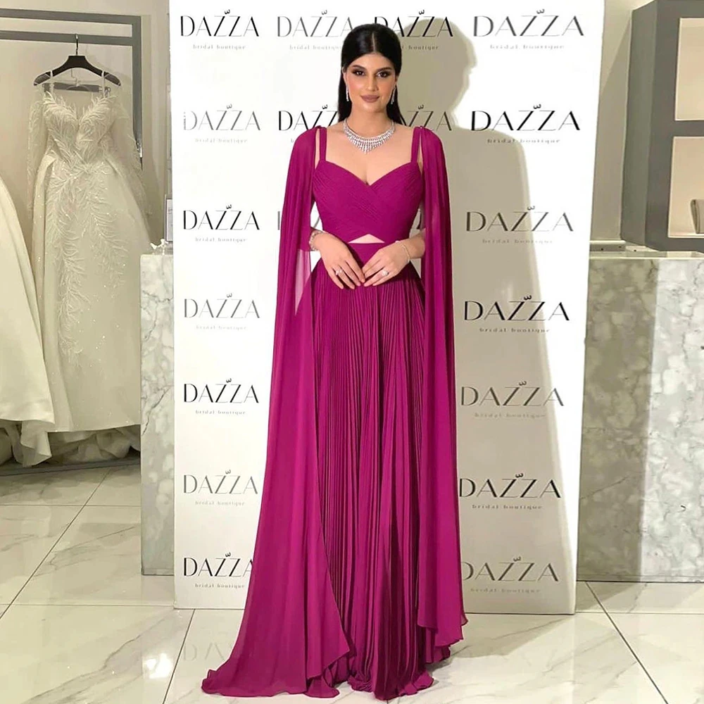 

Elegant Arabic Fuchsia Pleat Chiffon Dubai Evening Cape Sleeves Wedding Party Formal Gowns For Women mother of the bride dresses