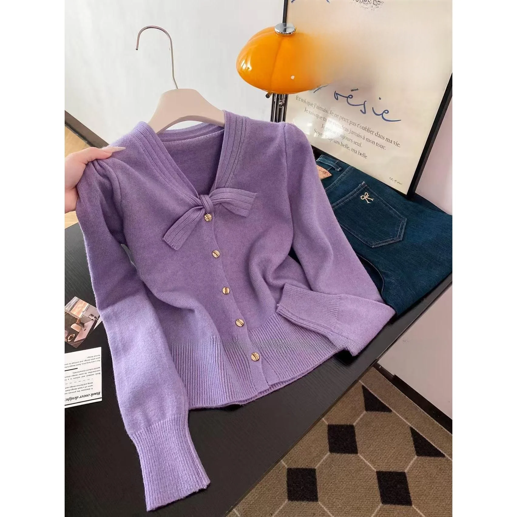 

Ele Purple Knitted Sweater Coat for Women with Knot High Quali Luxury Sle Polyester Fiber Autumn Faion