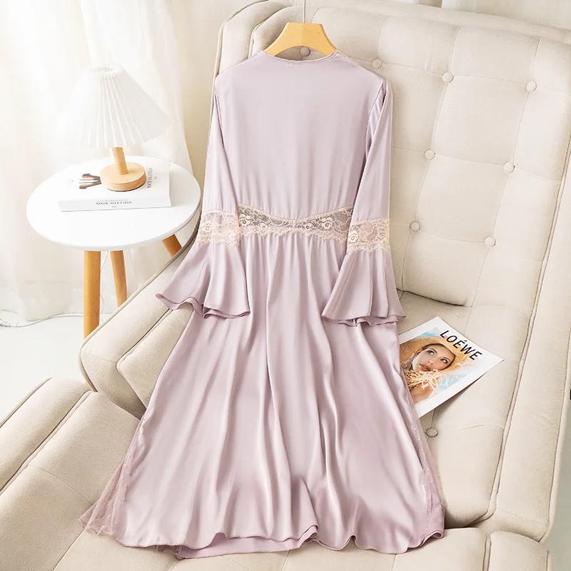 Summer Women Nightgown Dress V-Neck Sleepwear Lace Nightwear Bathrobe Long Sleeve Nightdress Satin Dressing Gown Loungewear