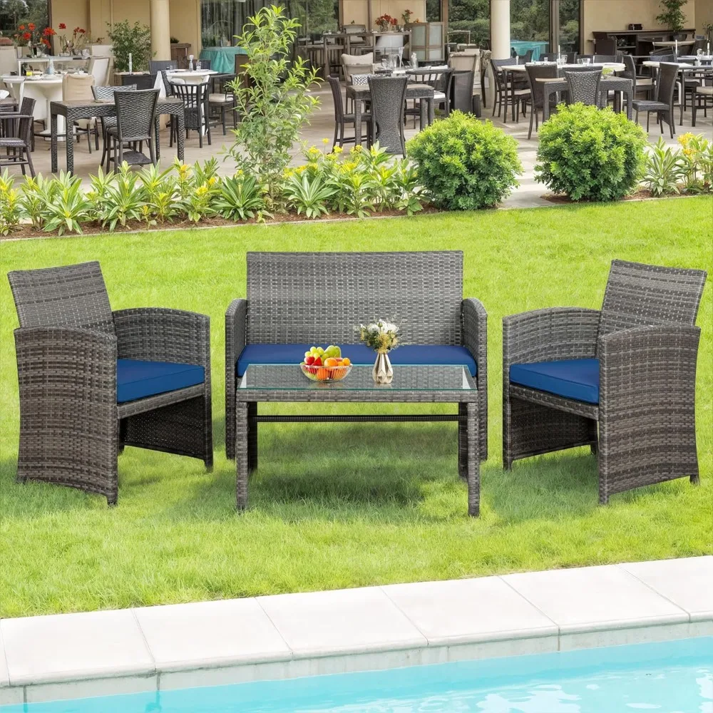 

4 Pcs Patio Ratten Set, Outdoor Furniture Set Wicker Conversation Set with Cushions and Tempered Glass Tabletop Outdoor Patio F