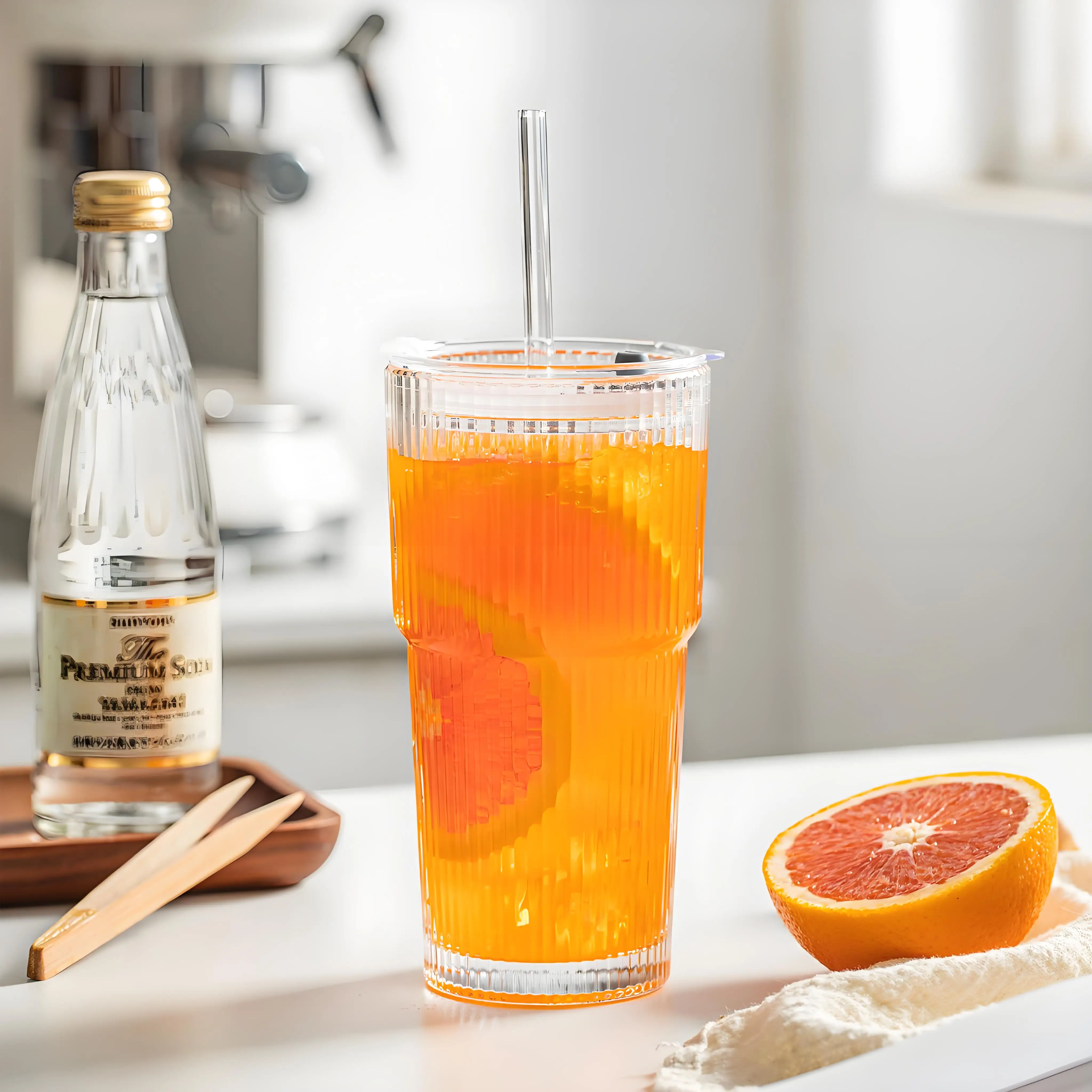 

Vintage Ribbed Glass Cups with Lids & Straws, Reusable Iced Coffee & Smoothie Glasses for Home Bar or Cafe