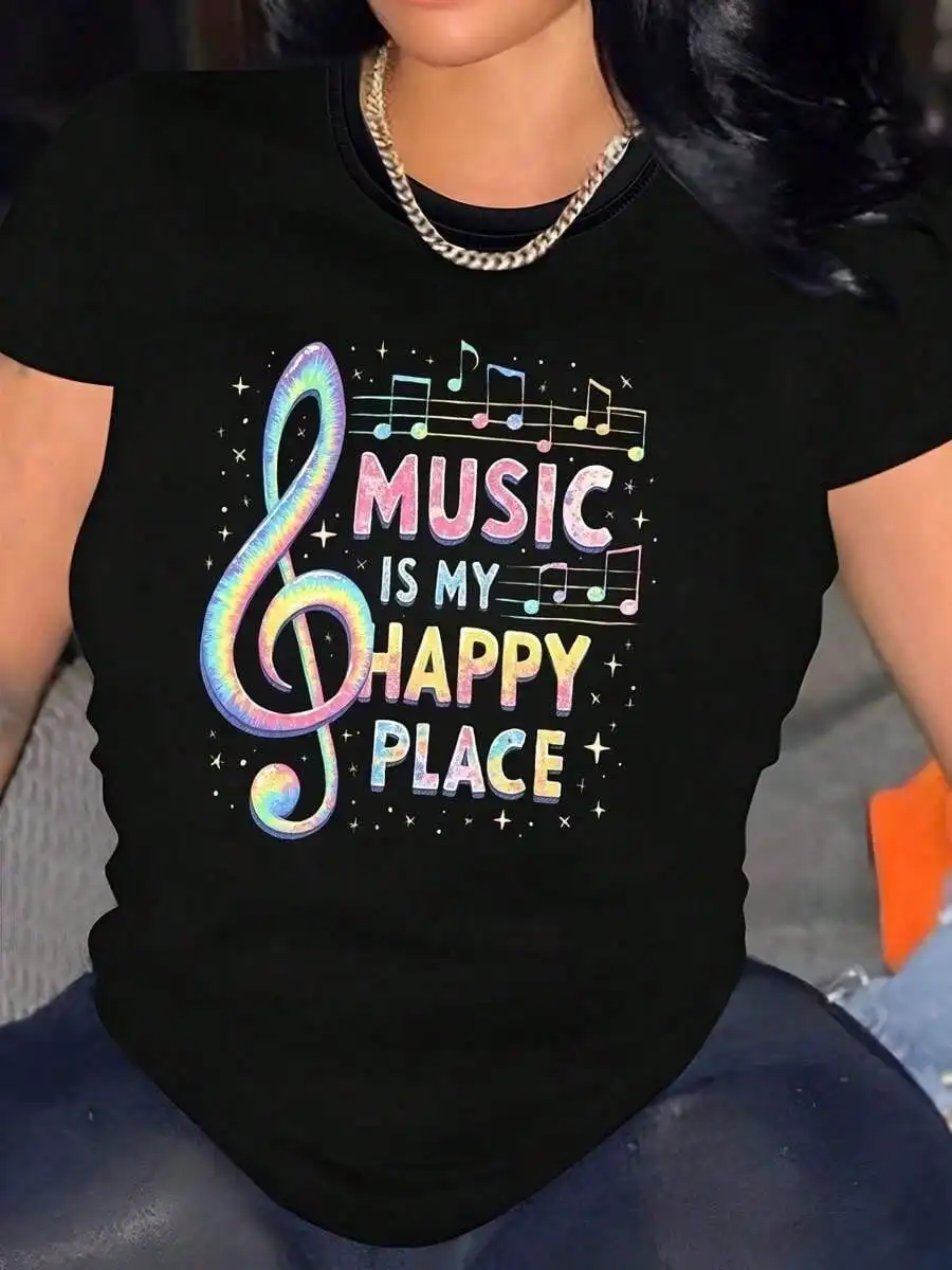 Music Is My Happy Place-Shirt - Women's Casual Crew Neck Short Sleeve Black Tee With Colorful Musical Notes Graphic, Soft And Br