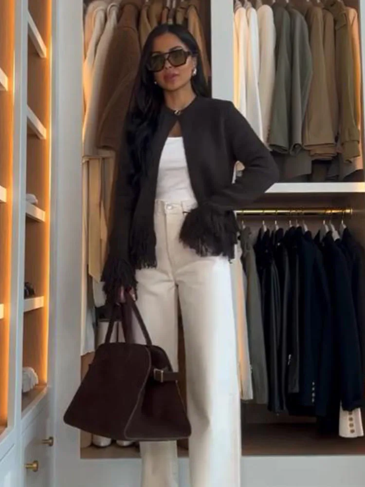 HH 2025 أنثى الخريف سترات فضفاضة غير رسمية الصلبة س الرقبة شرابة الديكور زر المرأة موضة طويلة الأكمام معاطف سترة