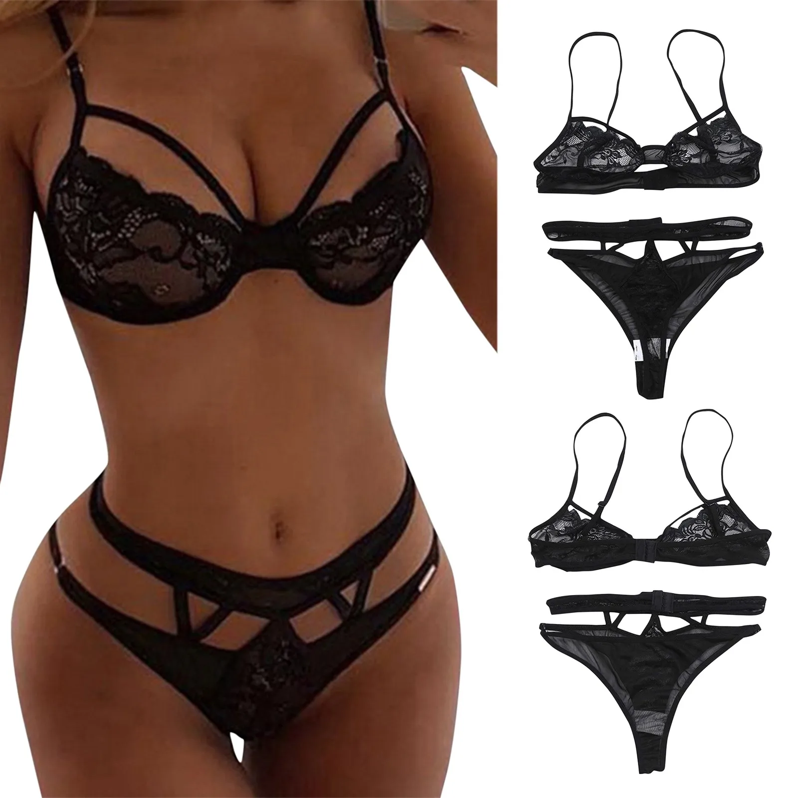 Women Lace Lingerie Set Sexy Hollow Out Embroidery 2 Piece Set Gather Push Up Bra+High Waist Panty See Through Underwear Outfits