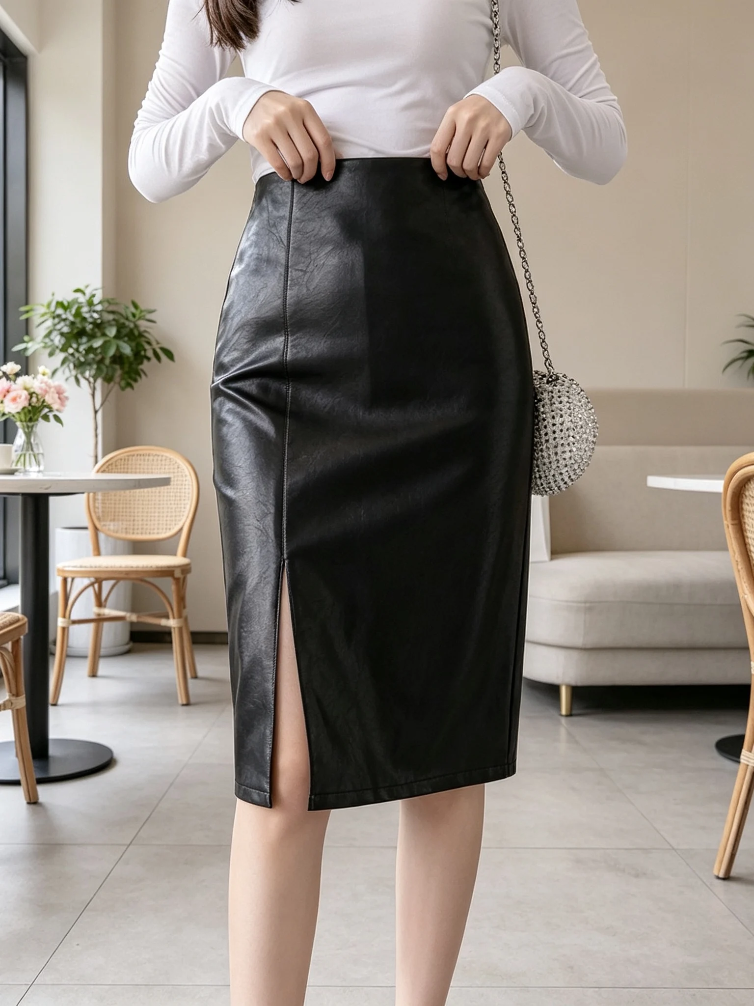 Fashionable Mid-Length Pu Leather Skirt Women's Tight Fit High Waist Zipper Back Style Casual Commute Skirt