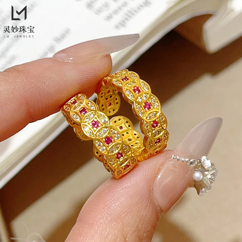 9999 24K الذهب الحقيقي مجوهرات فاخرة الماس الأحمر عملة خاتم المال Duoduo النحاس عملة افتتاح حلقة موضة هدية لصديقة #3