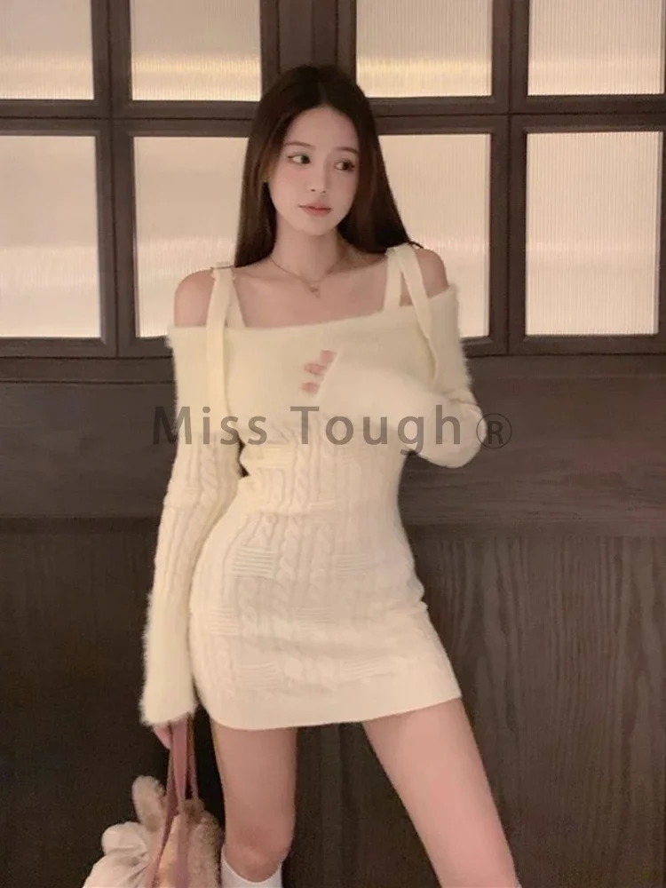 Autumn Winter New Knitted Off Shoulder Dress French Elegant Slim Thin Plush Sweater Dress Casual Party Hip Dresses Women 2024