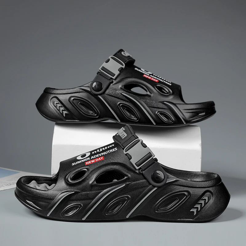 Fashion Men Thick Cushioned Sports Slide Slippers Non‑slip Soft EVA Hollow Adjustable Heel Strap Home Outdoor Casual Sandals