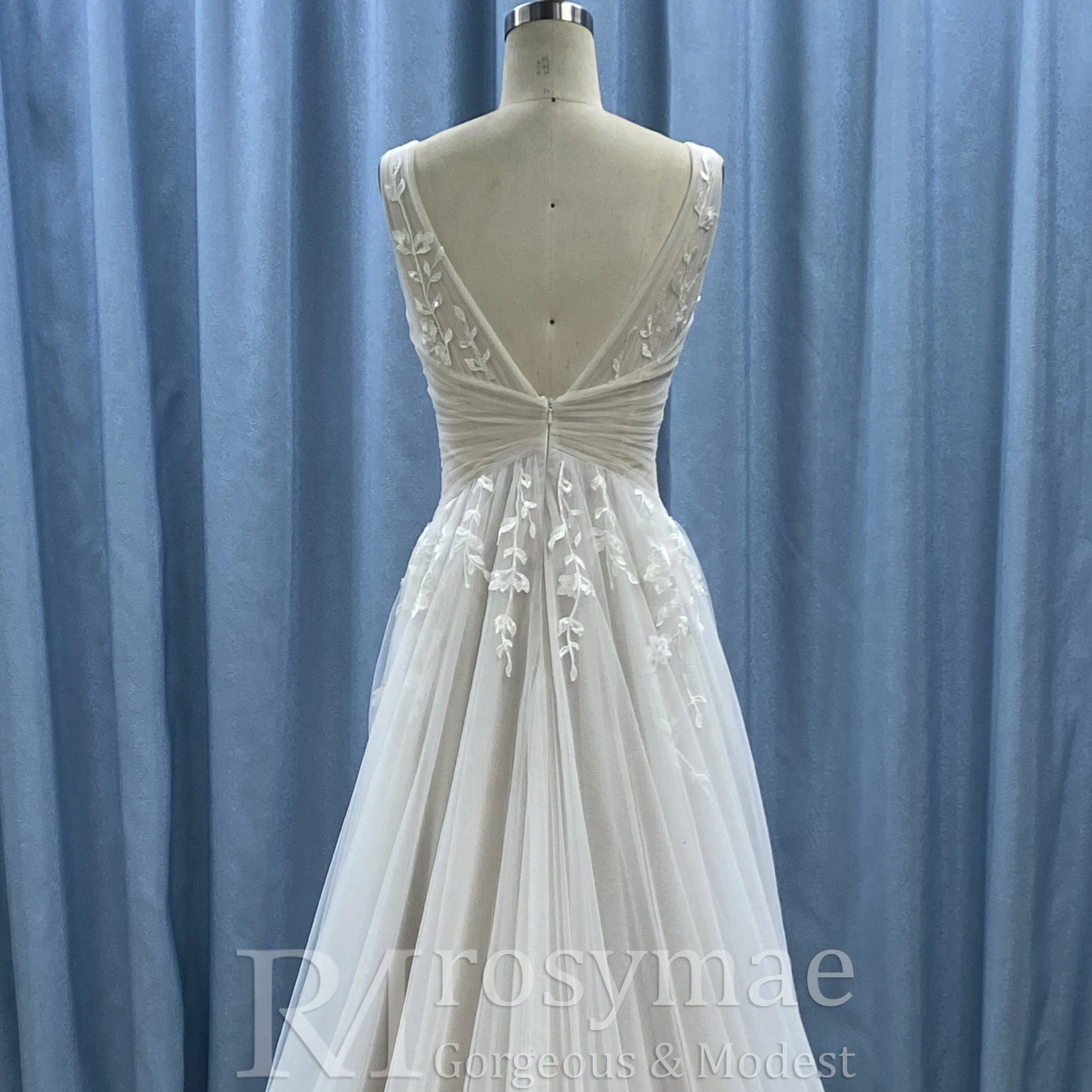 Rosymae Vestido de novia sexy con escote en V profundo y encaje de tul para mujer con camiseta sin mangas Vestido de novia elegante