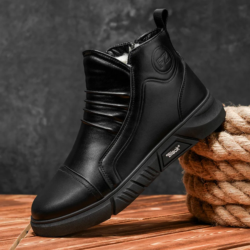 

Winter Men's Black Platform Boots 2025 New Comfortable Warm Motorcycle Boots Fashion Designer Casual Zipper Cotton Shoes for Men