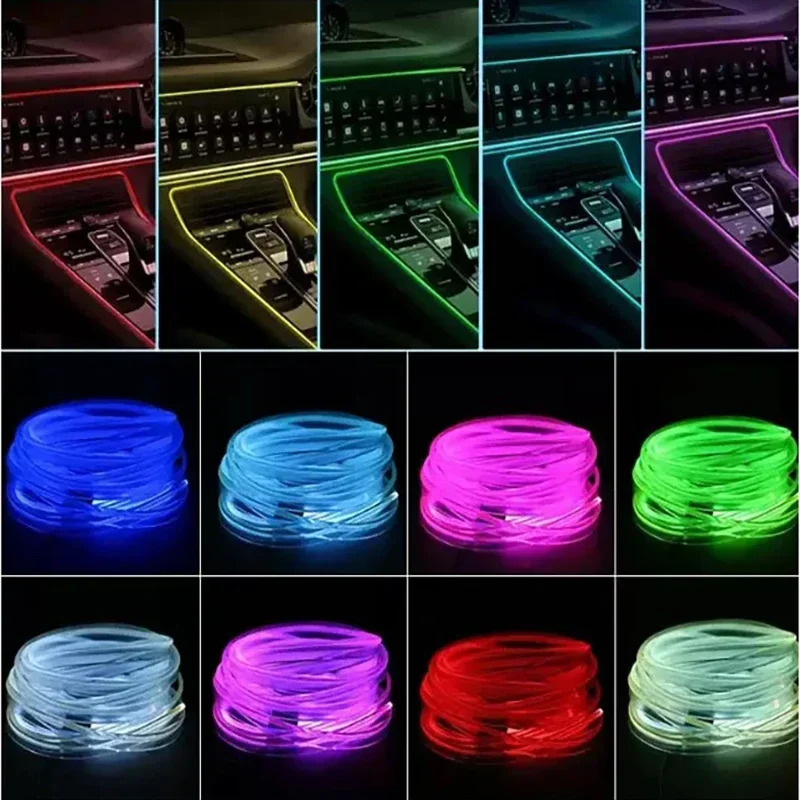 Car RGB Ambient LED Light Strip USB Fiber Optic Atmosphere Lamp Neon Interior Console Decoration Lights Colorful 1/2/3/4/5M
