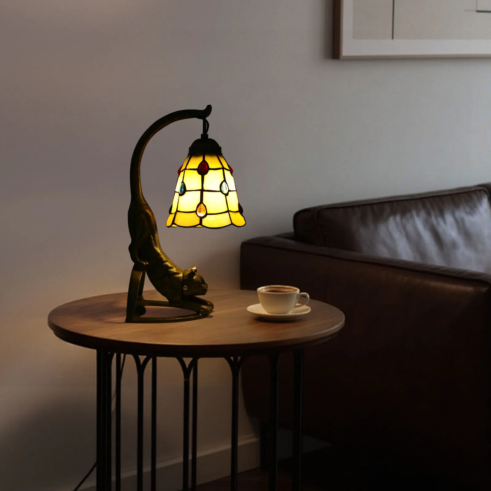 

Vintage Style Table Lamp 110V Stained Glass Cat Decor Bedside Light for Bedroom Living Room Nightstand Reading