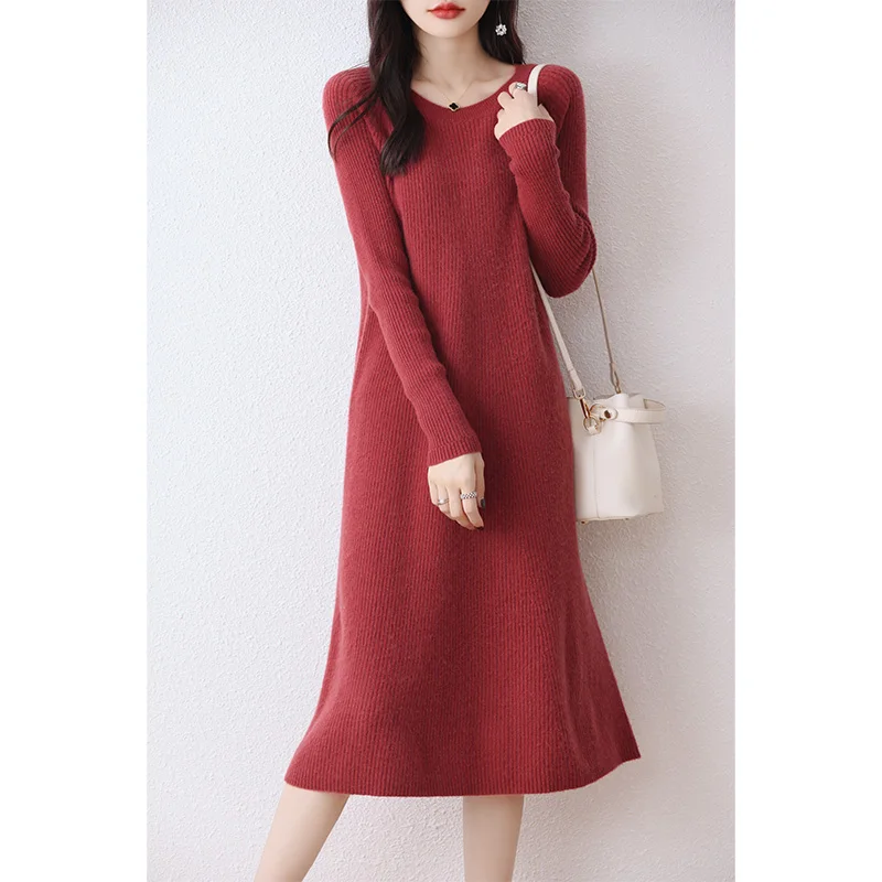 Autumn Winter New Women High Elasticity Slim Dress 100% Merino Wool Warm Sweater Dress Basic Knit Pullover Female Casual Dresses