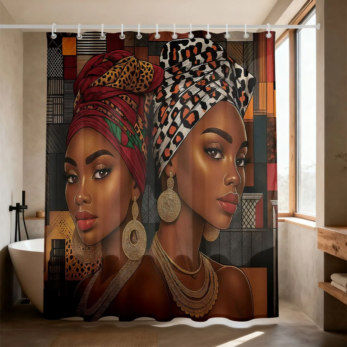 Stylish Traditional African Female Portrait Leopard Turban Golden Ornament Geometric Mosaic Backdrop Flannel 