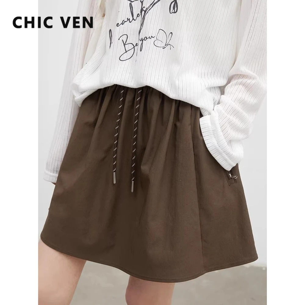 CHIC VEN Korean Women Skirts Solid Loose Casul New A-line Drawstring Elastic Waist Slim Office Ladies Skirt Spring Summer 2026