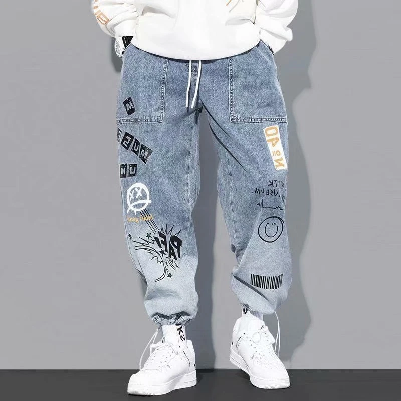 Vintage Jeans Men's Trend Baggy Straight Versatile Denim Trousers Fashion Printing High Street Loose Casual Pants Streetwear New