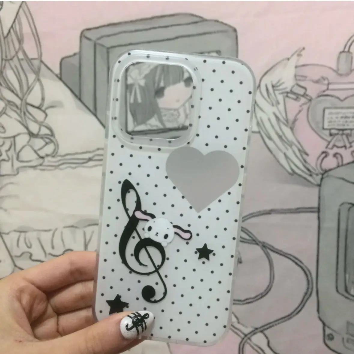 2k Black white polka dot notes kawaii Phone Case for IPhone 16 15 14 11 12 13 Pro Max Mobile Phone C