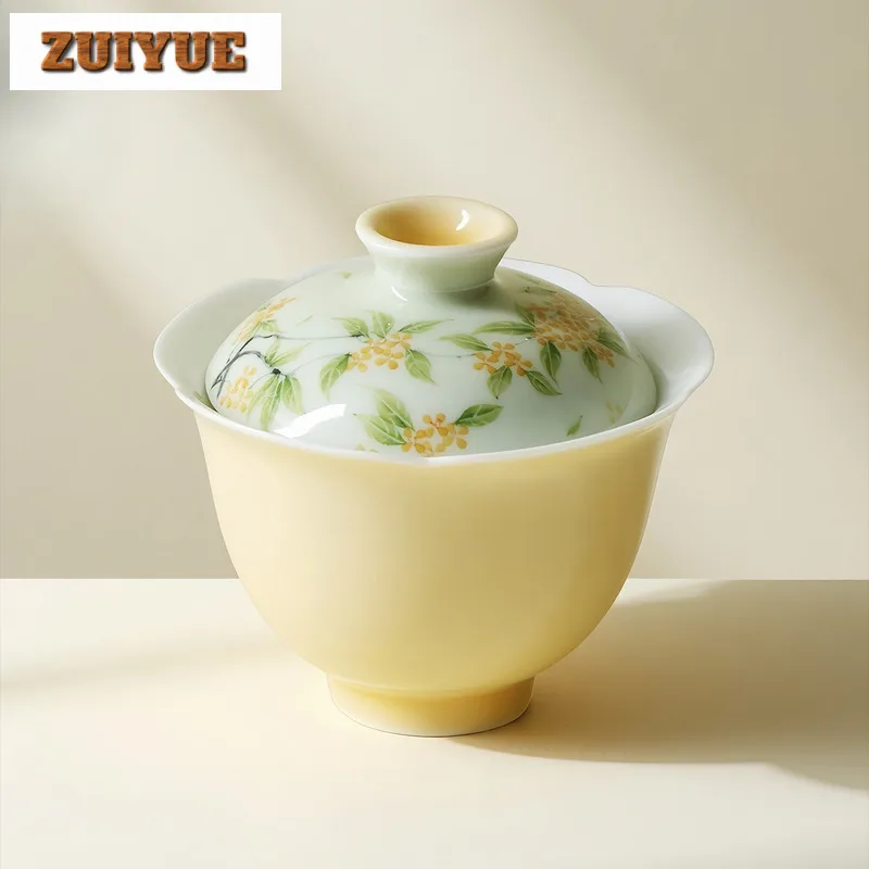 100ml Apricot Yellow Hand-painted Osmanthus Gaiwan Luxury Tea Tureen Tea Bowl With Lid Kit Tea Making Cover Bowl Teaware Gift