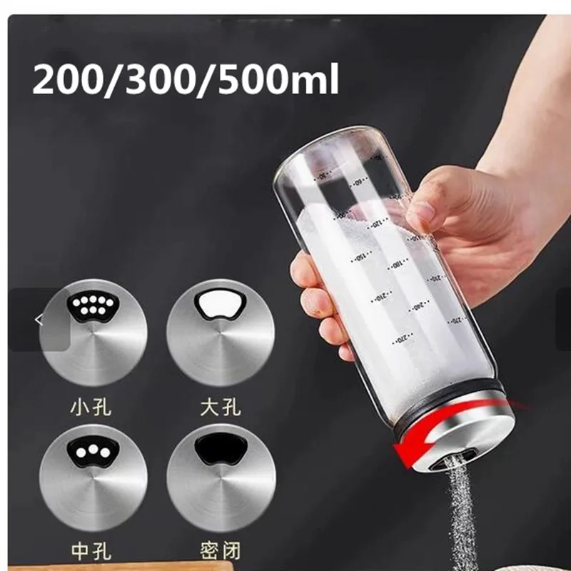

200/300/500ml Glass Seasoning Jar With Scale 4 Outlets Spice jars Kitchen Pepper Powder Sprinkling Jar Salt Shaker Container