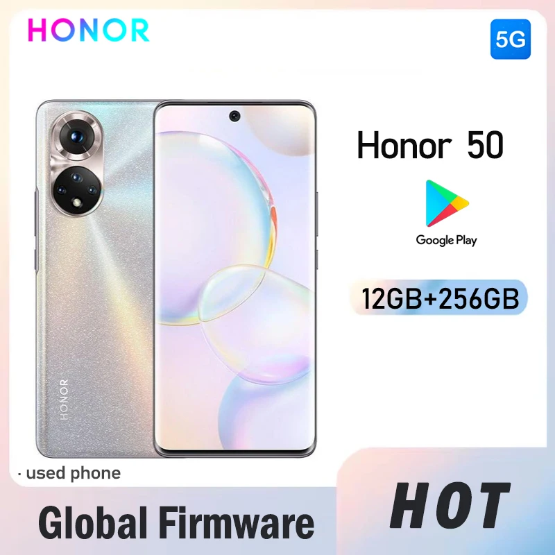 Smartphone HONOR 50 5G avec firmware global, �cran 6,57 pouces, batterie 4300 mAh, appareil photo 108MP+32MP, RAM 12 Go, ROM 256 Go, r�solution 2340x1080px, t�l�phone d'occasion