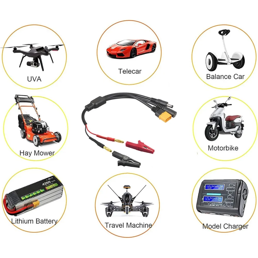5-in-1 XT60 to 4mm Banana Plug Adapter Cable, DC 5.5x2.1mm to Alligator Clip Charging Cord for RC Lipo Battery Charge FPV Drone