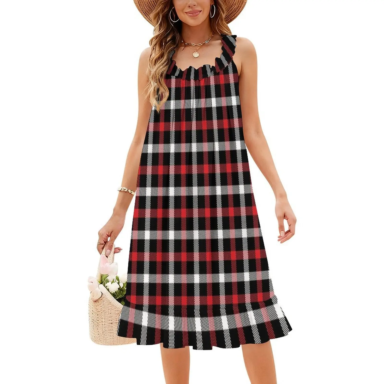 وسادة حمراء منقوشة الترتان منقوشة رمي الوسائد منقوشة المرأة فستان حفلة أنيق فستان على شكل حرف a مع خيارات قصيرة/طويلة/بدون أكمام #5