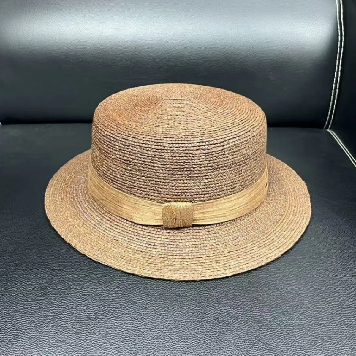 high-quality-luxury-small-brim-flat-top-straw-hat-women-special-fine-raffia-flat-brim-simple-vacation-small-beach-hat