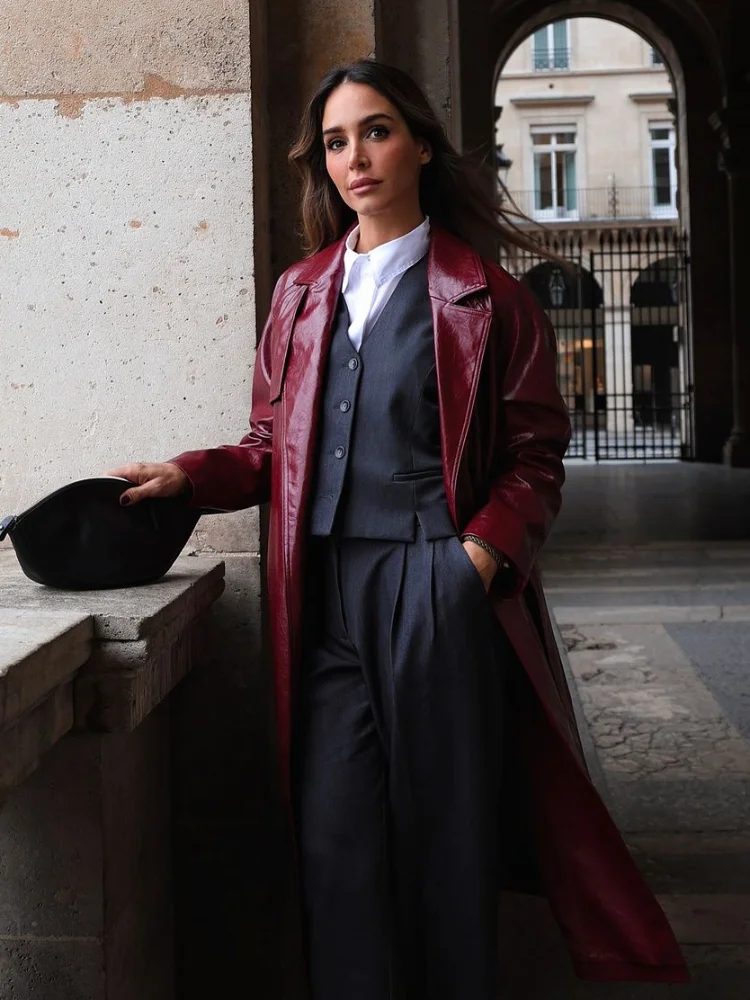 2024 Chic Burgundy Patent Leather Overcoat With Belt Women Fashion Lapel Pockets Loose Cardigan Jacket Female High Streetwear