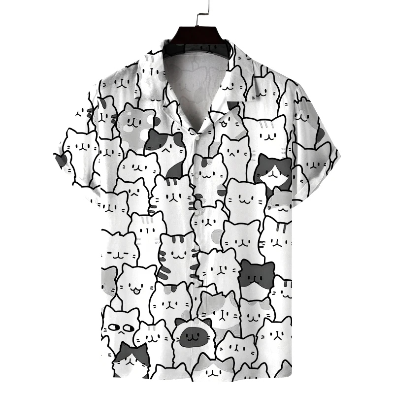 New Summer Shirt Men's Short Cat Pattern Design Casual Commuting Fashion All-Match Personality Breathable Daily