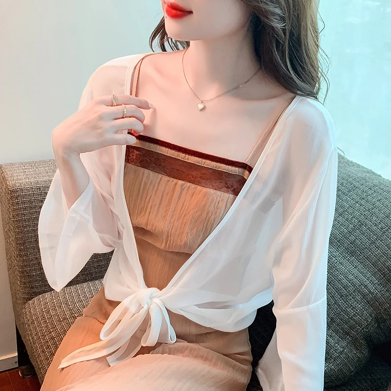 Women's Tie-Front Thin Sheer White Red Navy Blue Chiffon Shirts Elegant Ladies Flare-Sleeve Shrug Top Summer Boho Short Cardigan