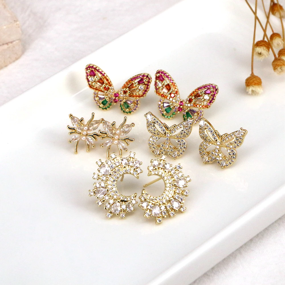 

5 Pairs, Zircon Butterfly Stud Earrings for Women Girls Copper Gold Plated Flower Ear Studs Jewelry Wholesale Bulk