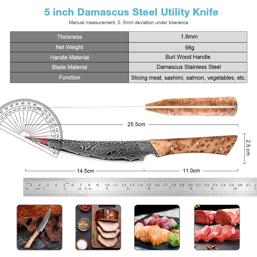 Japanese Damascus Steel Handmade Curved Edge Utility Knife, Full Tang Pakkawood Handle, High Hardness Sharp Kitchen Peeling Knif