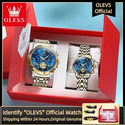 OLEVS-Montre à Quartz Étanche pour Couple, Marque de Luxe, Phase Lunaire Shoe, Code de Synchronisation, Date, Horloge pour Amoureux