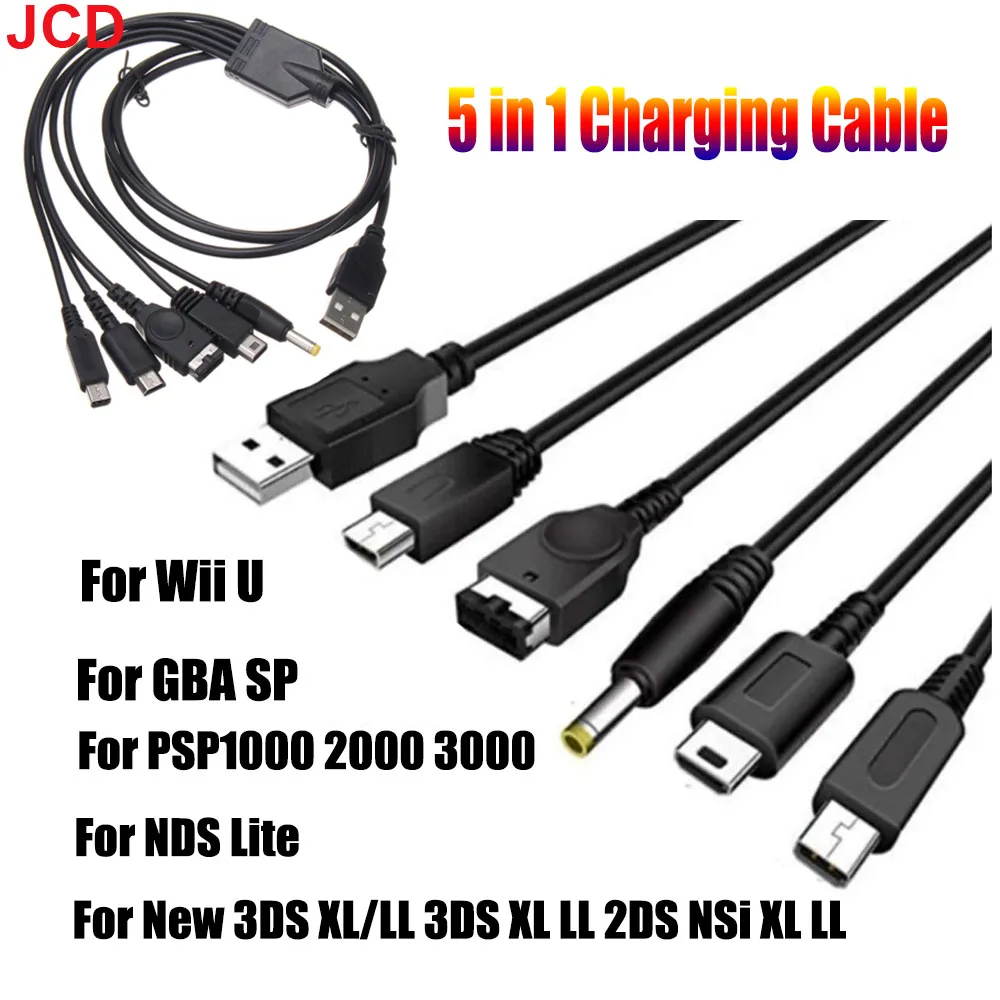 JCD 5 in 1 USB Charging Cable For NEW 3DS XL NDS Lite NDSI LL WII U Charger For GBA For PSP 1000/ 2000 3000 Gaming Cable